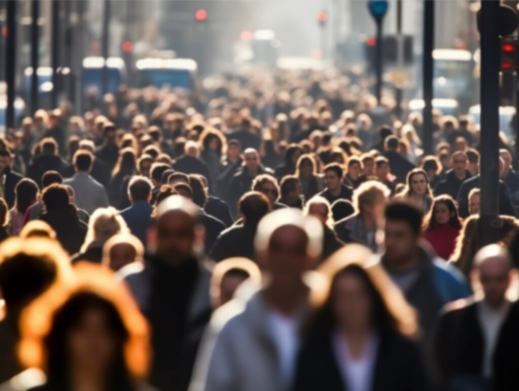 A large crowd of people walks through a busy city street during daylight. The image shows a variety of individuals, with the foreground slightly blurred and a sense of movement and urban life.
